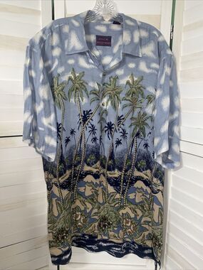 Jack Hollywood Men’s Hawaiian Aloha Shirt Blue Tropical Palms 100% Rayon X-Large